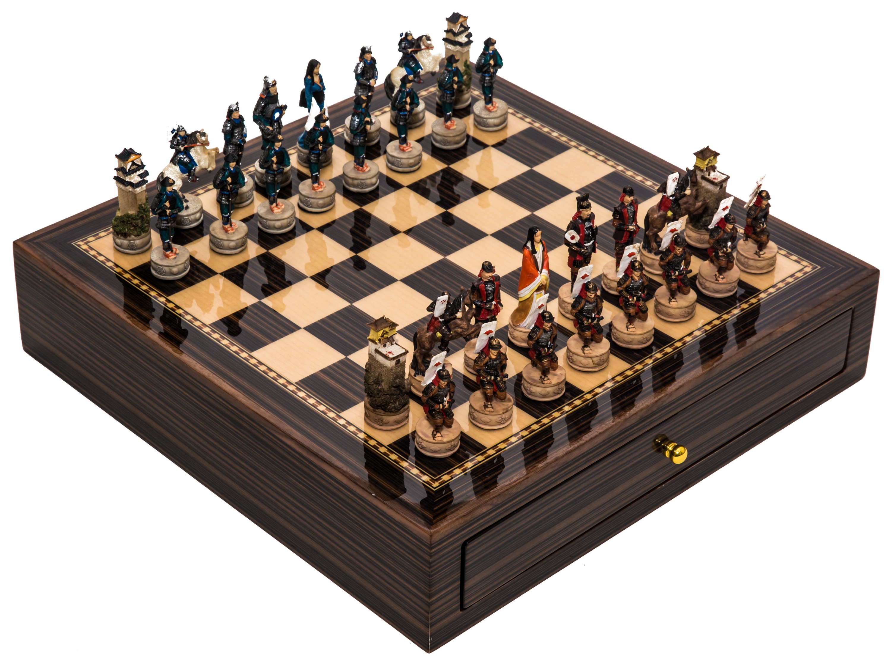 Japanese Samurai Chessmen & Deluxe Chess Board Case